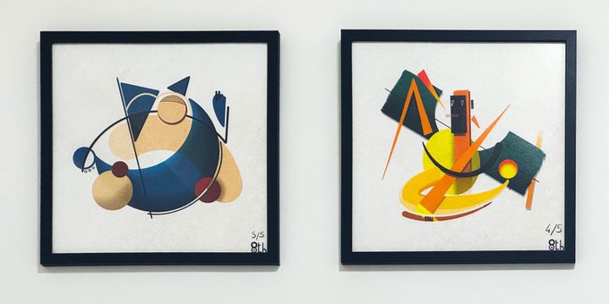 Two framed abstract paintings signed 'BILL' featuring geometric shapes, circles, and lines in blue, yellow, red, and green palettes on cream backgrounds.