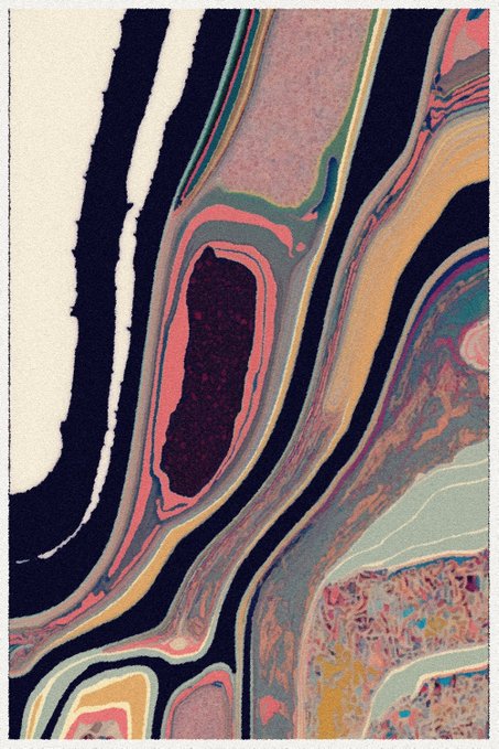 A vintage-style abstract painting or illustration with swirling organic shapes in pink, peach, cream, and dark blue tones, reminiscent of a petri dish or marbled texture.