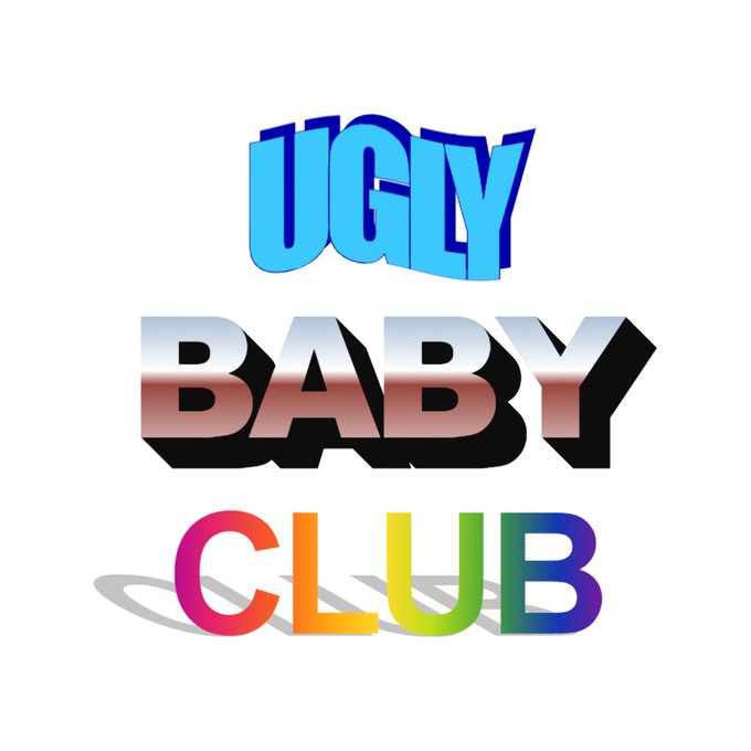 A graphic with colorful, stylized text reading 'UGLY BABY CLUB' on a white background, with 'UGLY' in blue, 'BABY' in a metallic black-to-pink gradient, and 'CLUB' in rainbow colors.