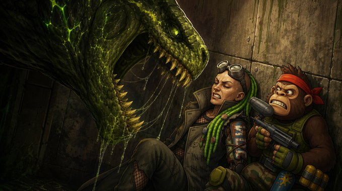 A tense scene featuring a reptilian creature baring its teeth at a woman with green dreadlocks and a gorilla wearing a red bandana, both appearing cornered against a concrete wall. The image ties into the post by visually representing the danger and excitement of the "Challenge Chase" promotion available on Vault Breach, Necro Punks, and Splat.