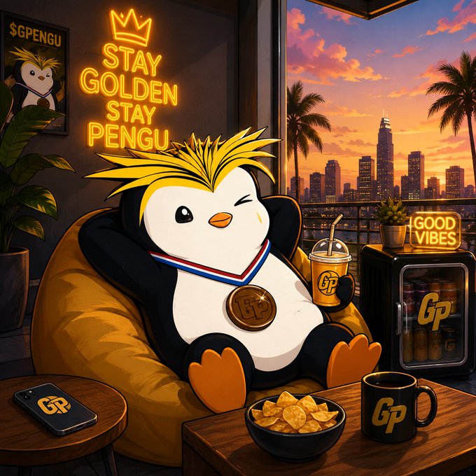 A digital illustration of a penguin character with yellow spiky hair lounging in a yellow beanbag chair, holding a drink with "GP" on it, with a neon sign reading "STAY GOLDEN STAY PENGU" and "$GPENGU" text visible.