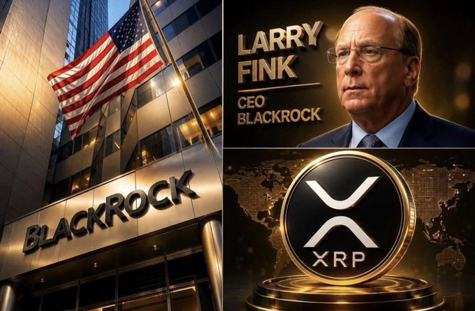 A collage showing the BlackRock building with an American flag, Larry Fink labeled as CEO of BlackRock, and an XRP cryptocurrency coin.