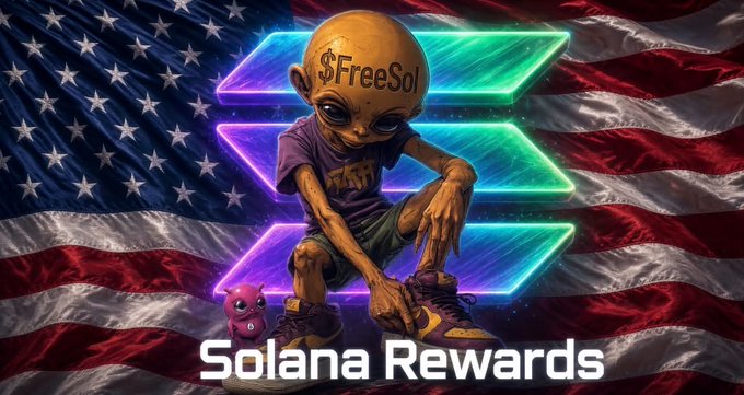A digital artwork featuring a yellow alien character with "$FreeSol" on its forehead, lacing up sneakers with a neon Solana logo and American flag background, captioned "Solana Rewards".