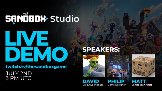 A promotional graphic for a "Live Demo" of "The Sandbox Studio," featuring speakers David (Executive Producer), Philip (Game Designer), and Matt (Senior Tech Artist), with event details reading "twitch.tv/thesandboxgame, July 2nd, 3 PM UTC," set against a colorful backdrop of voxel-style characters and avatars. The image visually announces the live stream event described in the post, highlighting the team behind the demo on AI-powered tools like Cursor and MCP within the Sandbox ecosystem.
