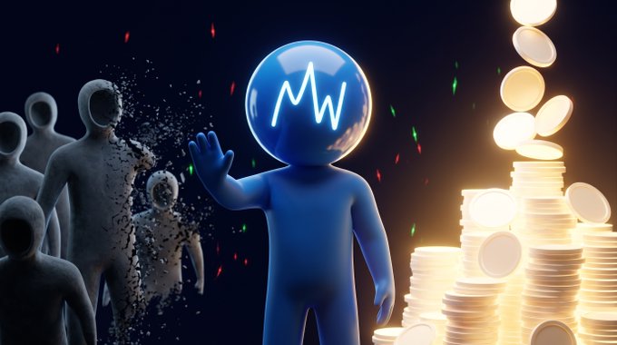 A glowing blue 3D character with an "MW" logo on its head stands between crumbling grayscale figures on the left and a towering pile of gold coins on the right, symbolizing the shift from disengagement to earning crypto rewards. The image ties to the post by visually representing the $USDUC Yell campaign's rewards for active "bull posters" building on the Yell.money platform.
