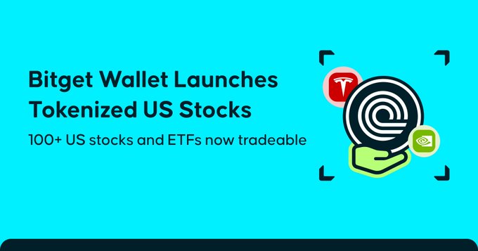 A promotional graphic on a turquoise background reading 'Bitget Wallet Launches Tokenized US Stocks' with '100+ US stocks and ETFs now tradeable' beside a stylized icon of a hand holding tokens.