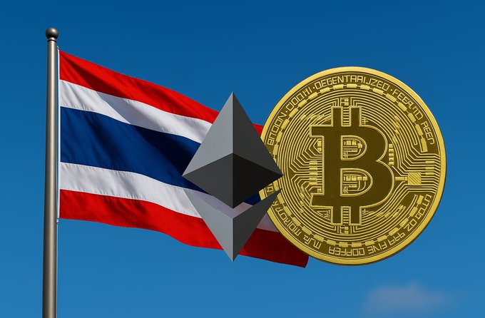The image shows the Thai flag alongside an Ethereum (ETH) logo and a gold Bitcoin (BTC) coin with inscriptions like "DIGITAL · DECENTRALIZED · PEER TO PEER" against a blue sky, symbolizing Thailand's approval of Bitcoin and Ether ETFs. The visual ties together the nation's identity with the two cryptocurrencies that are set to begin trading on October 16.