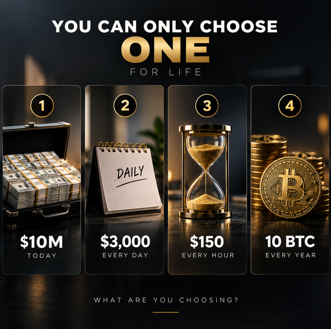 A promotional graphic asking 'YOU CAN ONLY CHOOSE ONE FOR LIFE' with four options: $10M today, $3,000 every day, $150 every hour, or 10 BTC every year.