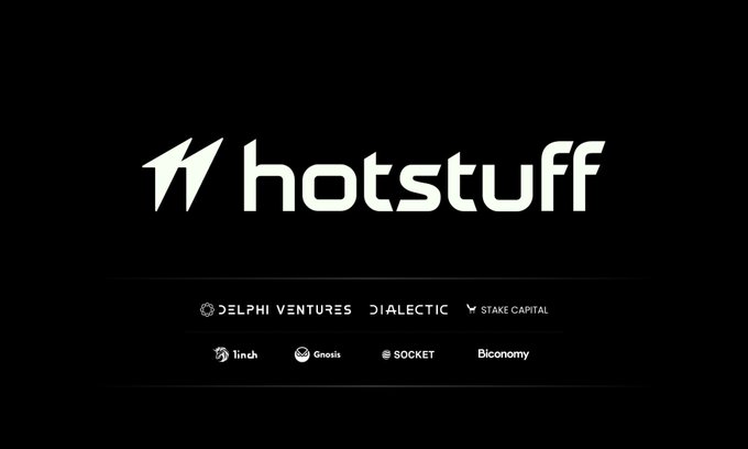 The image displays the "hotstuff" logo on a black background, accompanied by logos of partners and investors including Delphi Ventures, Dialectic, Stake Capital, 1inch, Gnosis, Socket, and Biconomy. The branding aligns with the post's promotion of Hotstuff as a trading platform for real-world assets (RWAs) like GOLD.