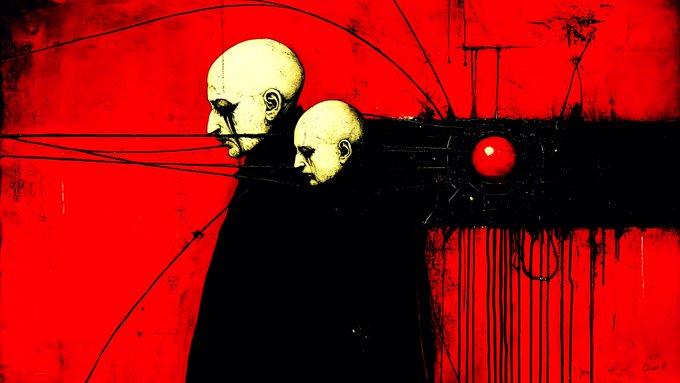 A striking red and black grunge-style illustration of two bald, pale figures in dark cloaks, with black wires extending from their heads to a red circular node.
