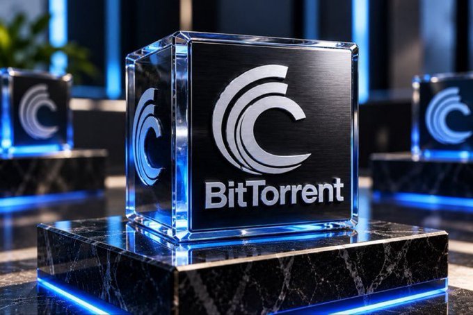 A 3D rendering of a translucent cube displaying the "BitTorrent" logo on a metallic stand, illuminated by blue neon lights.