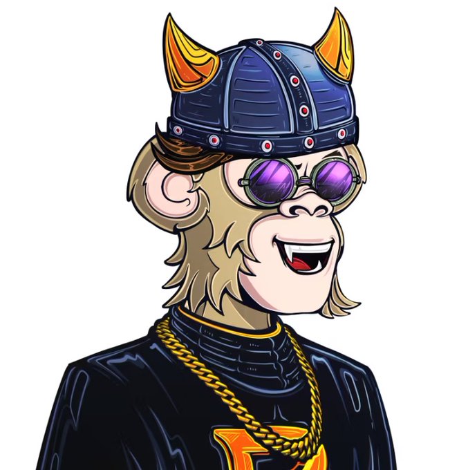 A cartoon illustration of a smiling monkey wearing a blue samurai helmet with orange horns, purple sunglasses, and gold chains.