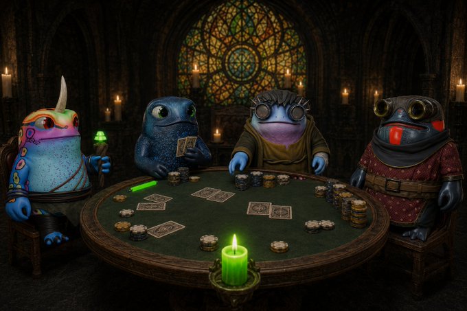 Four anthropomorphic characters—including a horned shaman, blue amphibians, and a frog-like figure—sit around a poker table in a candle-lit gothic cathedral, playing cards and stacking chips in a tongue-in-cheek "congregation" of staked Gimboz holders competing for their share of 2 Gimboz, 3,400 APE, and 3.2M GP in tomorrow's freeroll.