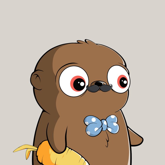 A cartoon brown sea otter-like character with large red eyes, wearing a blue polka-dot bow tie and holding a banana.