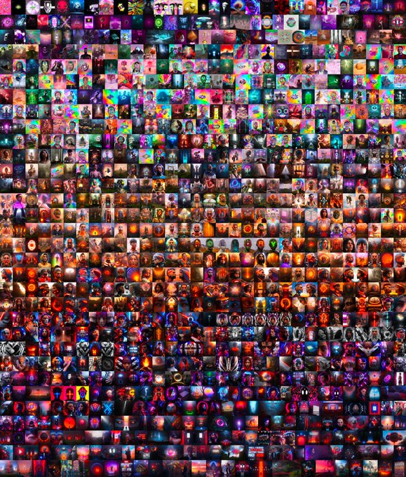 A dense grid collage of hundreds of small, colorful images forming a mosaic with a gradient from cool colors at the top to warm colors at the bottom.