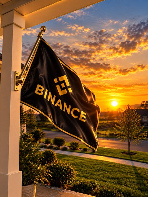 A black flag bearing the Binance logo and the word "BINANCE" waves from a porch at sunset, juxtaposing the cryptocurrency exchange's digital presence with the grounded reality of a suburban neighborhood—a literal reminder to "touch grass" amid the abstract world of crypto.