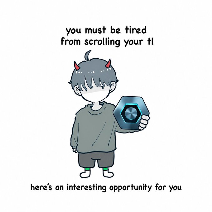 A cartoon chibi character with devil horns holding a hexagonal token, captioned 'you must be tired from scrolling your tl' and 'here's an interesting opportunity for you'.