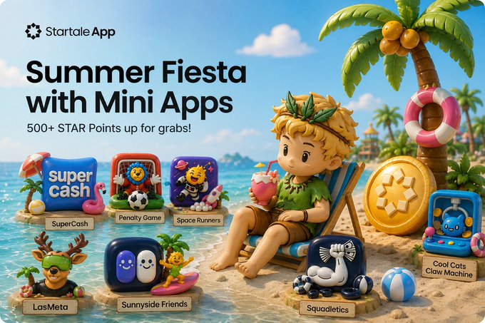 A promotional graphic for the 'Startale App' titled 'Summer Fiesta with Mini Apps' offering '500+ STAR Points up for grabs!', featuring a 3D animated boy relaxing on a beach chair alongside various game icons like SuperCash, Penalty Game, Space Runners, LasMeta, Sunnyside Friends, Squodletics, and Cool Cats Claw Machine.