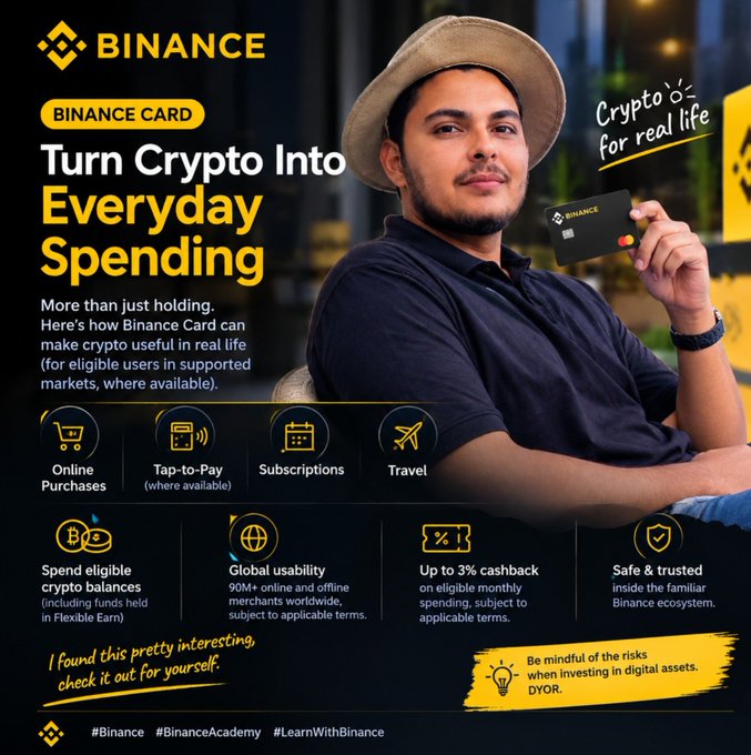 A Binance Card advertisement with the tagline "Turn Crypto Into Everyday Spending" and "Crypto for real life," featuring a man holding the card and highlighting benefits like online purchases, tap-to-pay, subscriptions, and travel.