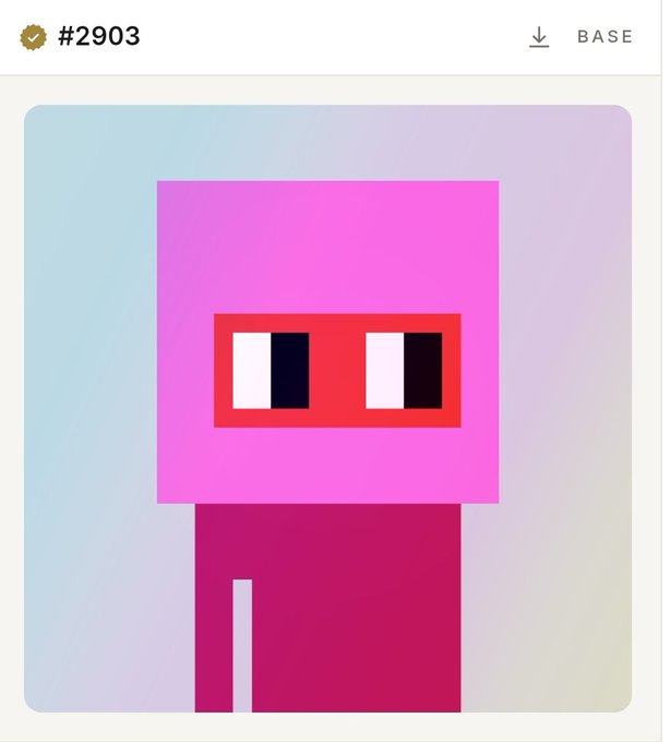 A digital collectible card numbered #2903 displays a pixel-art pink character with a red face featuring black and white pixelated eyes against a pastel gradient background.