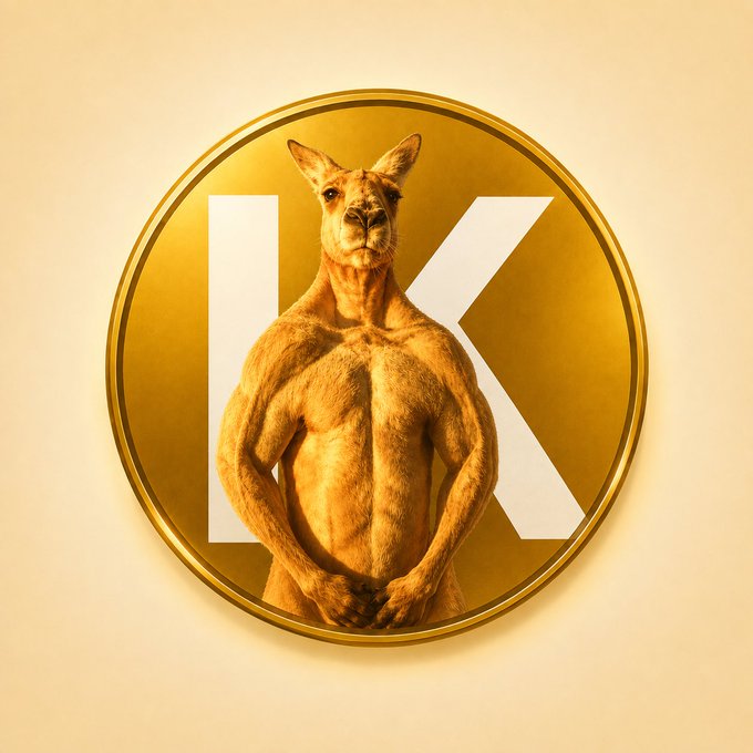 A muscular kangaroo standing with arms crossed in front of a golden coin featuring a large white letter 'K'.