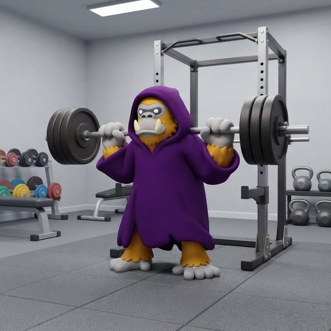 A cartoonish gorilla-like creature wearing a purple hooded robe stands in a gym lifting a heavy barbell, surrounded by weight racks and kettlebells.