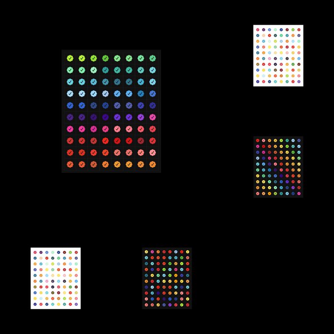 Four sticker sheets arranged on a black background, displaying grid patterns of colorful circular icons and checkmark symbols in various hues.