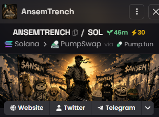 Screenshot of a Phantom wallet interface showing 'AnsemTrench / SOL' token page, with a -46% price change in green and +30 in yellow, displaying links to Solana, PumpSwap, and Pump.fun, along with a promotional banner featuring samurai warriors holding 'SANSEM' banners.