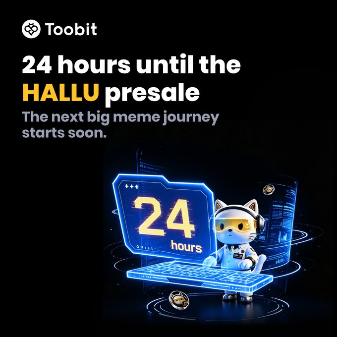 A promotional graphic from Toobit announcing '24 hours until the HALLU presale' with the tagline 'The next big meme journey starts soon,' featuring a cartoon cat character with a keyboard and countdown display.