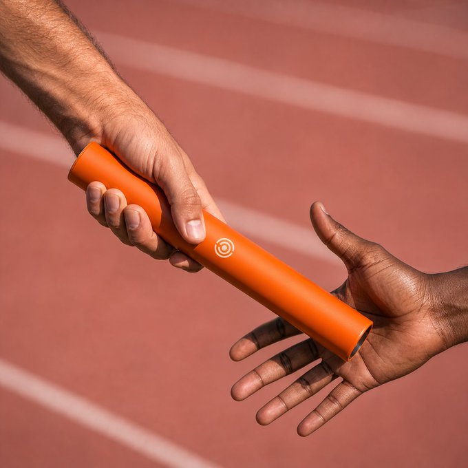 A bright orange relay baton is being passed between two hands on a running track, symbolizing the post's "keep it moving" message of momentum and handoff. A small white target-like logo is visible on the side of the baton.