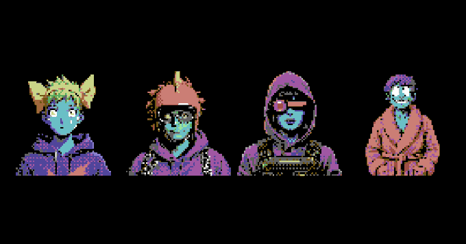 Four pixel-art character portraits with blue skin and varied hair/hats in purple and orange tones line up against a black background.