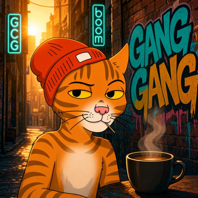 A stylized illustration of an orange tabby cat wearing a red beanie, sitting in an alley with neon signs and graffiti that reads 'GANG GANG' in teal and yellow. A steaming coffee cup sits on a table in the foreground.