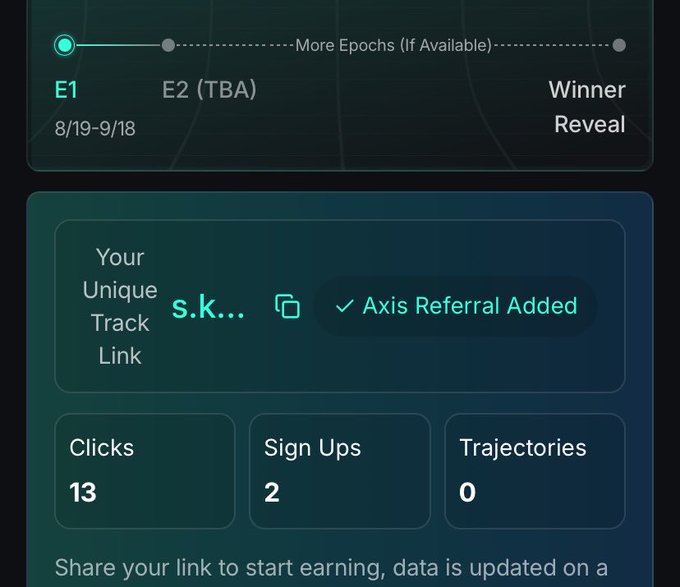 A dashboard interface showing a referral tracking system with 'Axis Referral Added' confirmation, displaying metrics of 13 Clicks, 2 Sign Ups, and 0 Trajectories during the E1 epoch (8/19-9/18).