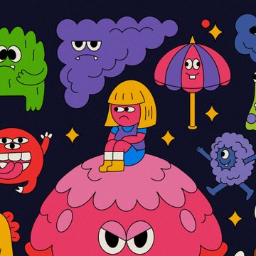 Colorful cartoon illustration featuring whimsical characters including a girl sitting on a pink blob, a green creature, and an umbrella figure.