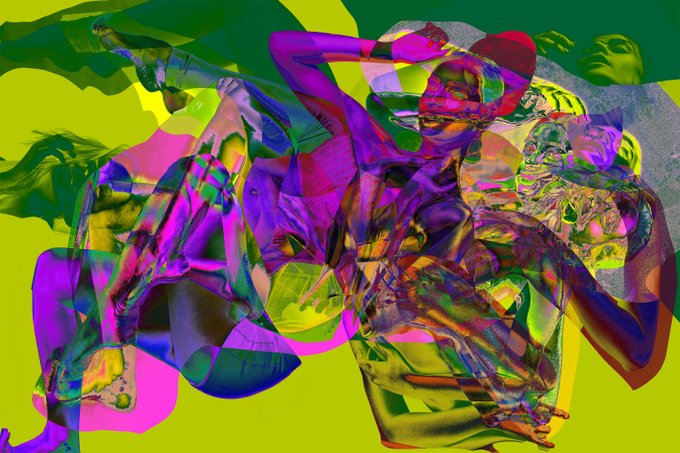 A chaotic digital collage featuring overlapping figures in bold purple, green, yellow, and pink hues.