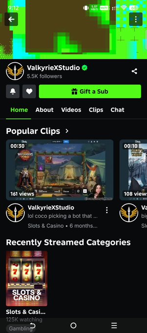 A Twitch channel page for "ValkyrieXStudio" displays a profile picture with 5.5K followers, tabs for Home, About, Videos, Clips, and Chat, along with Popular Clips and Recently Streamed Categories sections featuring a Slots & Casino thumbnail.