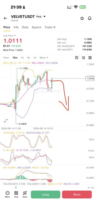 A Binance trading chart for VELVETUSDT Perp showing a last price of 1.0111 with a 44.63% decline, marked with a hand-drawn red downward arrow suggesting a bearish trend—aligning with the "small size short #Velvet" trade signal.