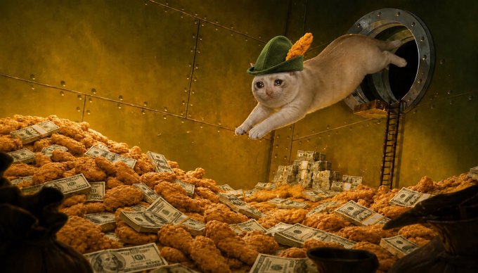 A cat wearing a green hat with a feather, diving through a porthole into a vault filled with gold coins and dollar bills.