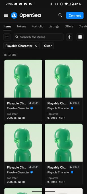 A mobile screenshot of OpenSea displays multiple green 'Playable Character' NFT listings on Ethereum, each with a top offer of 0.0085 WETH.