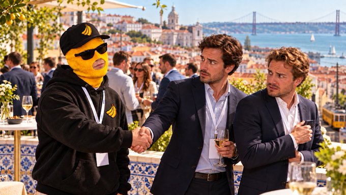 AI-generated humorous scene showing a person wearing a yellow emoji-style cap and hoodie shaking hands with a man in a suit, with Lisbon waterfront and 25 de Abril Bridge in the background.
