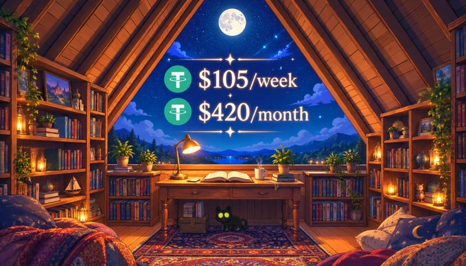 A whimsical illustration of a cozy attic library at night featuring bookshelves, a desk with an open book, and a view of the moon, overlaid with pricing text "₮ $105/week" and "₮ $420/month".