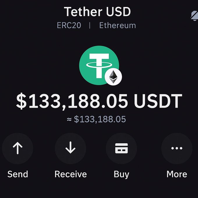 A cryptocurrency wallet screen showing a Tether USD (USDT) ERC20 balance on Ethereum of $133,188.05 USDT, with Send, Receive, Buy, and More options.