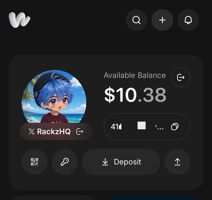 A mobile wallet app interface displaying an anime-style avatar with blue hair and the username 'RackzHQ', showing an 'Available Balance' of $10.38 with deposit and other navigation options.
