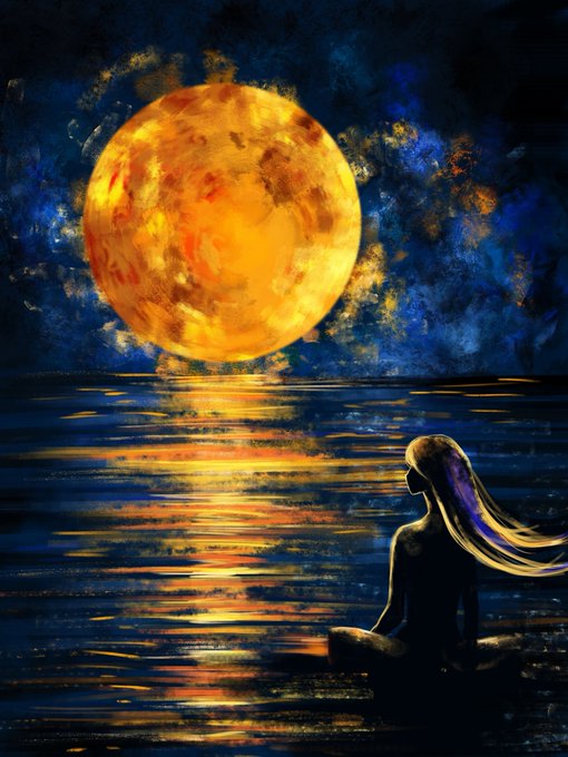 An artistic painting depicting a silhouette of a figure with long flowing hair sitting by water, gazing at a large, vibrant orange-yellow moon against a deep blue and black sky.