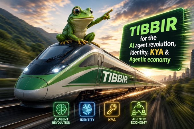 The image features a green train with a frog perched on top, as if it's leaping into the air. The text "Tibir for the AI revolution, identity, KYA & intelligent economy" is displayed above the train, along with an arrow pointing towards the frog. The background of the image shows mountains and trees, creating a contrast between nature and technology.