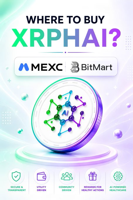 A promotional graphic titled 'WHERE TO BUY XRPHAI?' featuring the MEXC and BitMart exchange logos, displaying a 3D coin with an AI molecular network design and badges for Secure & Transparent, Utility Driven, Community Driven, Rewards for Healthy Actions, and AI-Powered Healthcare.