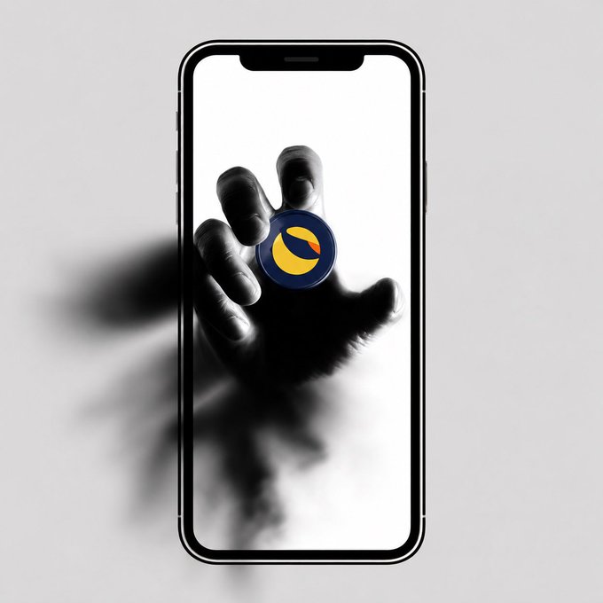 A smartphone displaying a black-and-white image of a hand holding a yellow and blue token with a crescent moon design, set against a white background.