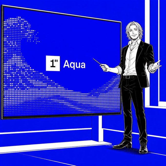 A blue-toned illustration features a smiling man in a black suit pointing to a large screen displaying the "1" Aqua logo. The image visually introduces 1inch Aqua, the liquidity protocol referenced in the post that allows LPs to back multiple positions from a single wallet balance without moving tokens until a swap fills.