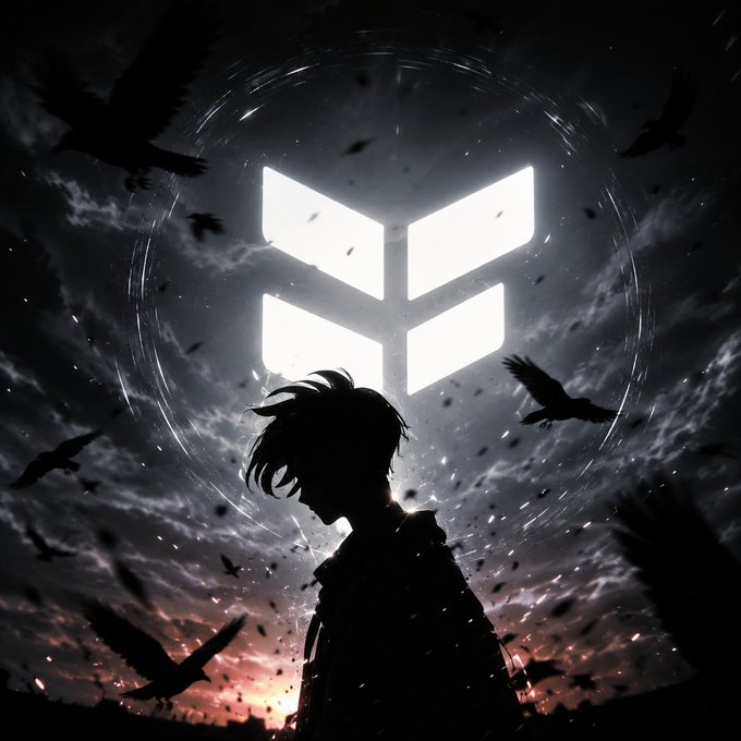 A silhouetted figure stands against a dark, stormy sky filled with flying crows, gazing up at a glowing geometric logo surrounded by concentric light rings—evoking a sense of revelation or breakthrough that mirrors the post's theme of finally solving a problem most crypto projects haven't: rewarding real user activity with Tria Points and cashback.