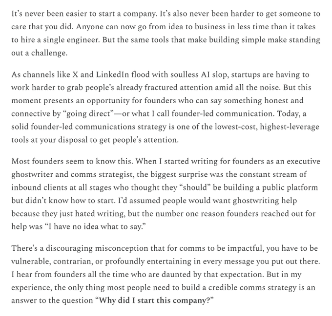 A passage of text discussing founder-led communications strategy, mentioning how low-cost founder content can be a high-leverage tool amid AI-generated noise on platforms like X and LinkedIn.